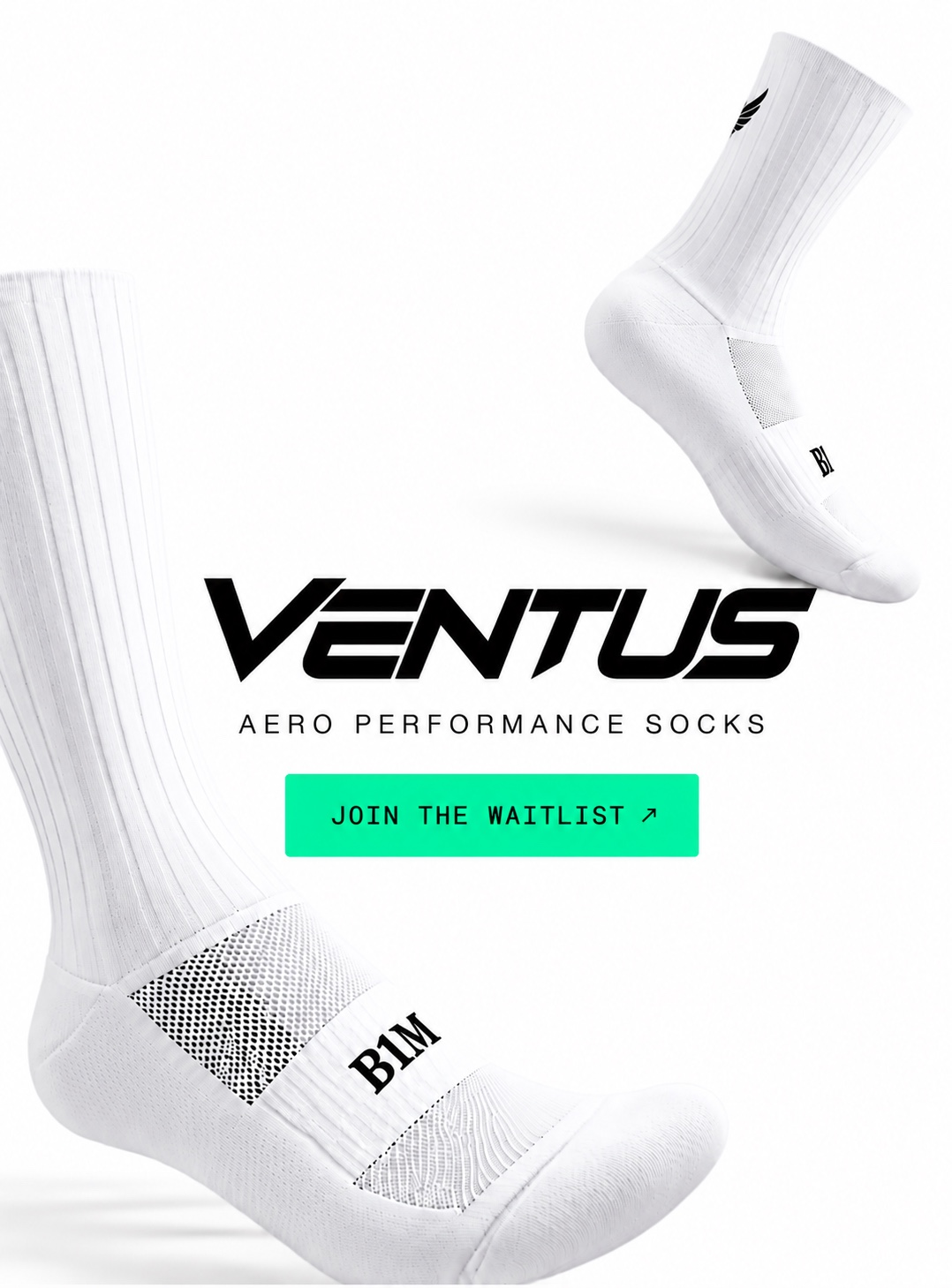 White B1M VENTUS aero socks floating around the VENTUS wordmark